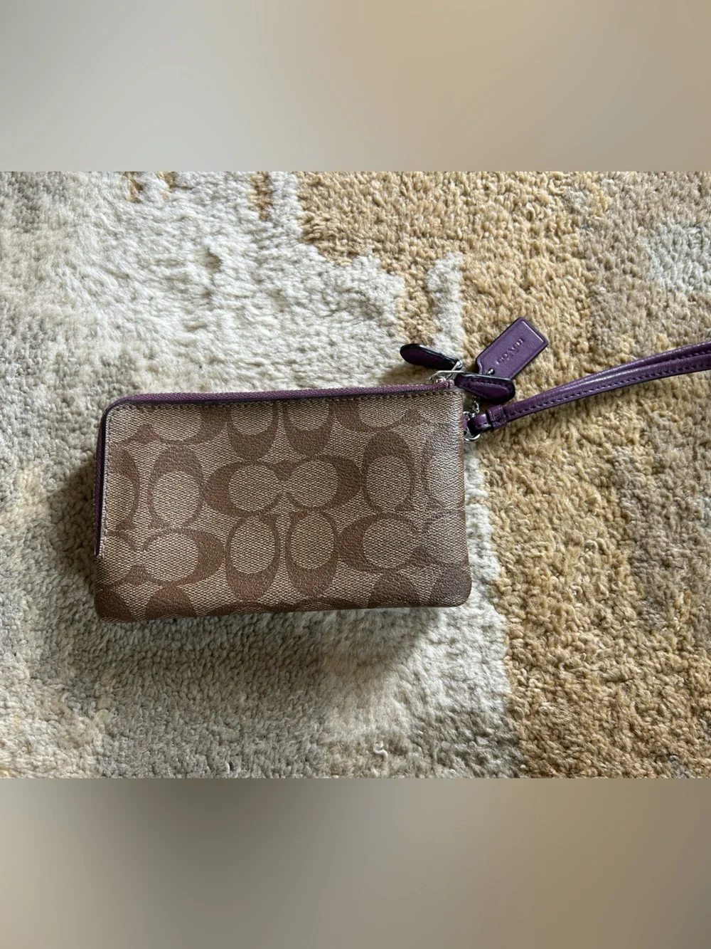 Coach Signature Logo Double Zip Wristlet Brown Purple EUC!
